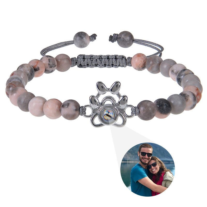 Bracelet personnalisé avec pendentif en forme de griffe de chien en pierre de zèbre rose, bracelet personnalisé avec projection d'image en pierre naturelle 