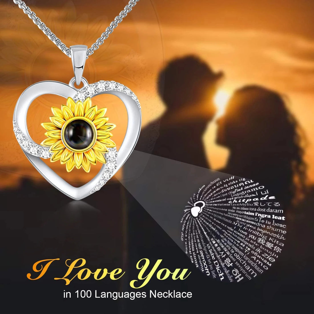 Collier personnalisé avec photo et projection de tournesol pour femme Personnalisation multilingue 