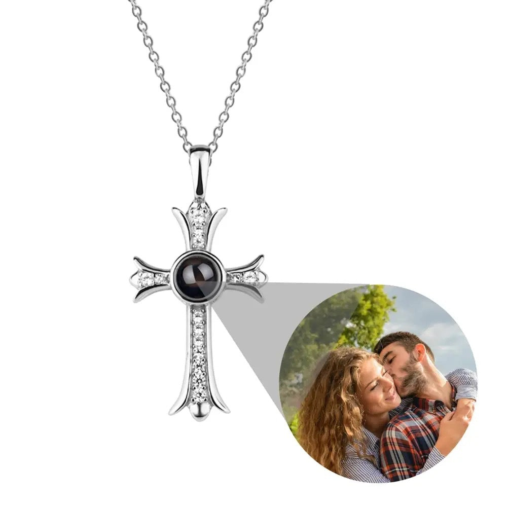 Personalized  Silver Cross Photo Projection Necklace