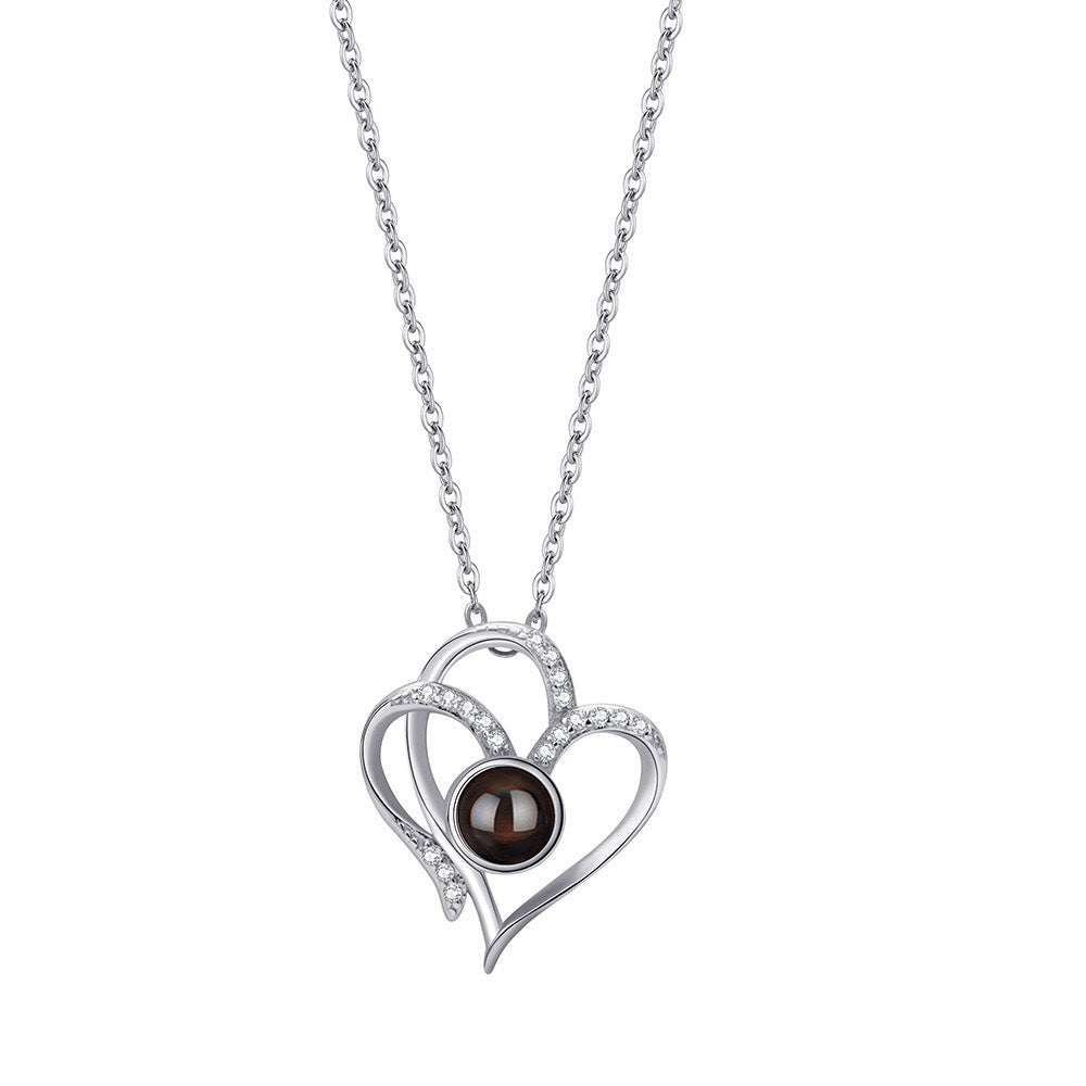 Personalized Double Heart Inlaid Diamond Photo Necklace