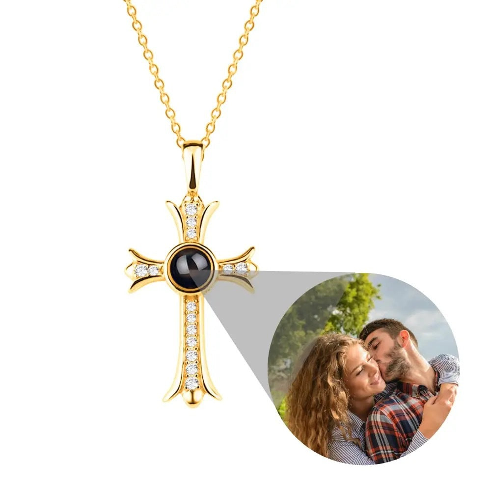 Personalized  Silver Cross Photo Projection Necklace