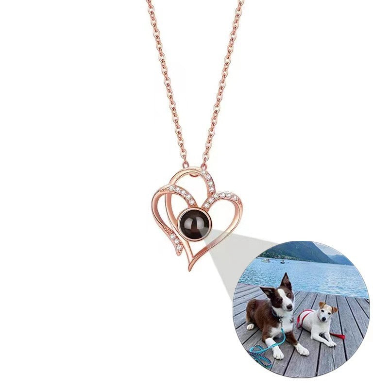 Personalized Double Heart Inlaid Diamond Photo Necklace