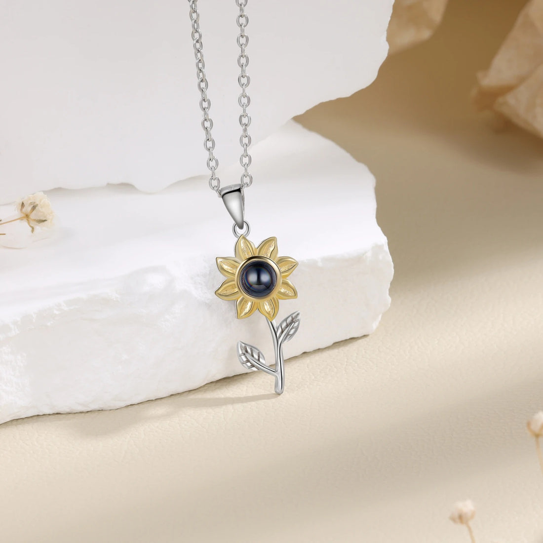 Collier de projection de tournesol personnalisé en argent 925 avec photo couleur tournesol pour femme Chaîne de clavicule personnalisée 